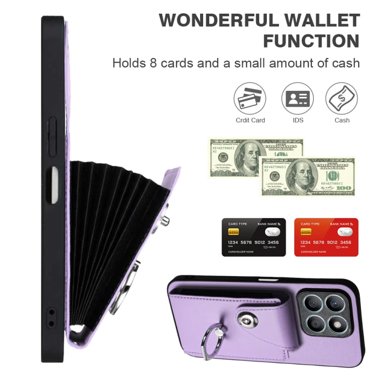 For Honor X8b 4G Global Organ Card Bag Ring Holder PU Phone Case with Lanyard(Purple)
