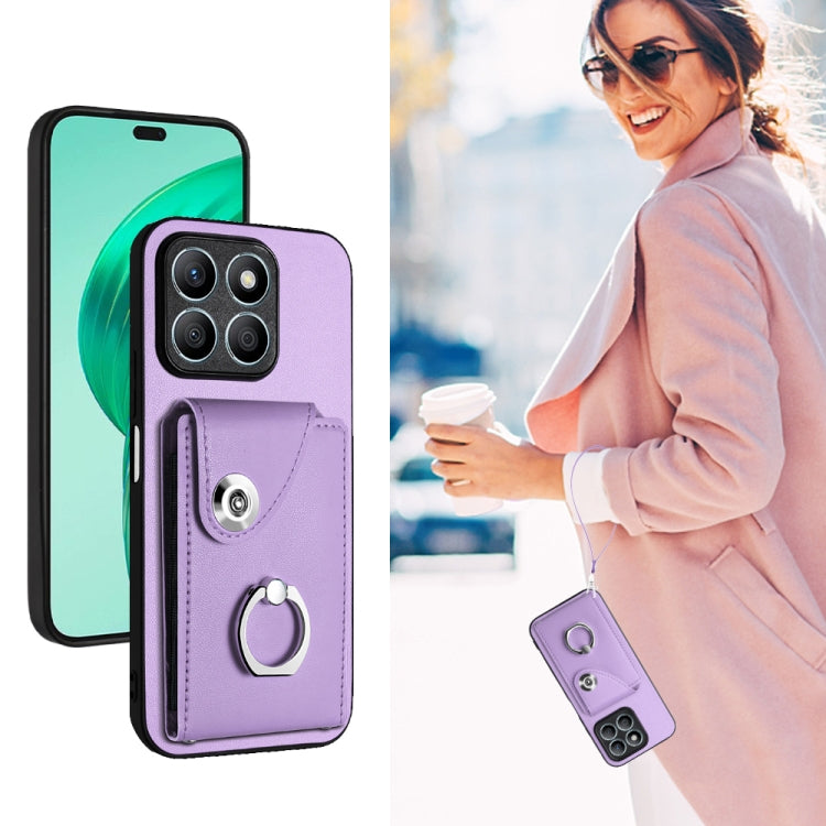 For Honor X8b 4G Global Organ Card Bag Ring Holder PU Phone Case with Lanyard(Purple)