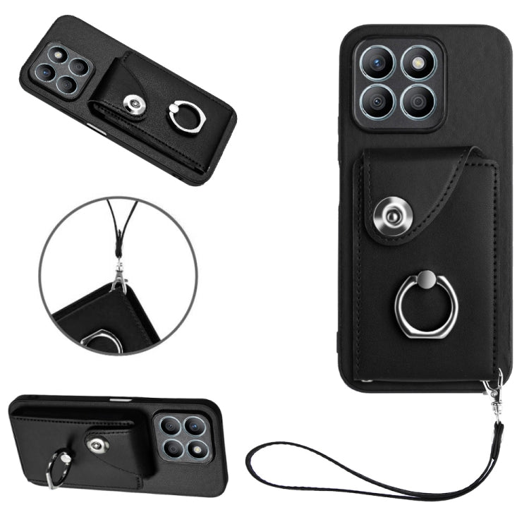 For Honor X8b 4G Global Organ Card Bag Ring Holder PU Phone Case with Lanyard(Black)