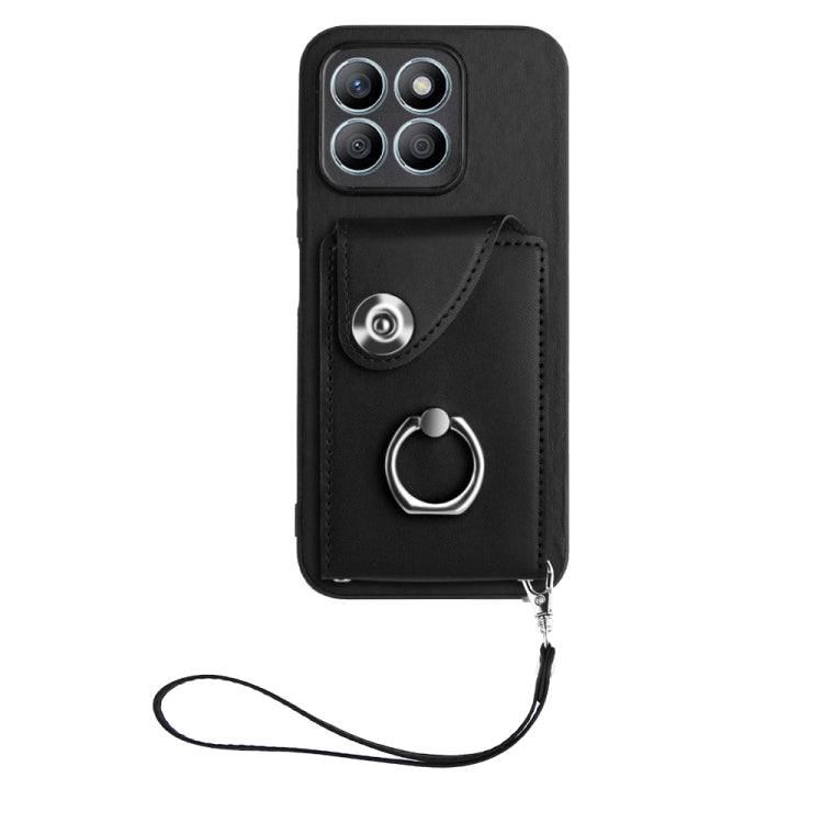 For Honor X8b 4G Global Organ Card Bag Ring Holder PU Phone Case with Lanyard(Black)