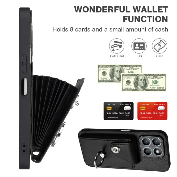 For Honor X8b 4G Global Organ Card Bag Ring Holder PU Phone Case with Lanyard(Black)