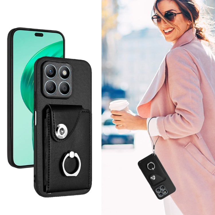 For Honor X8b 4G Global Organ Card Bag Ring Holder PU Phone Case with Lanyard(Black)