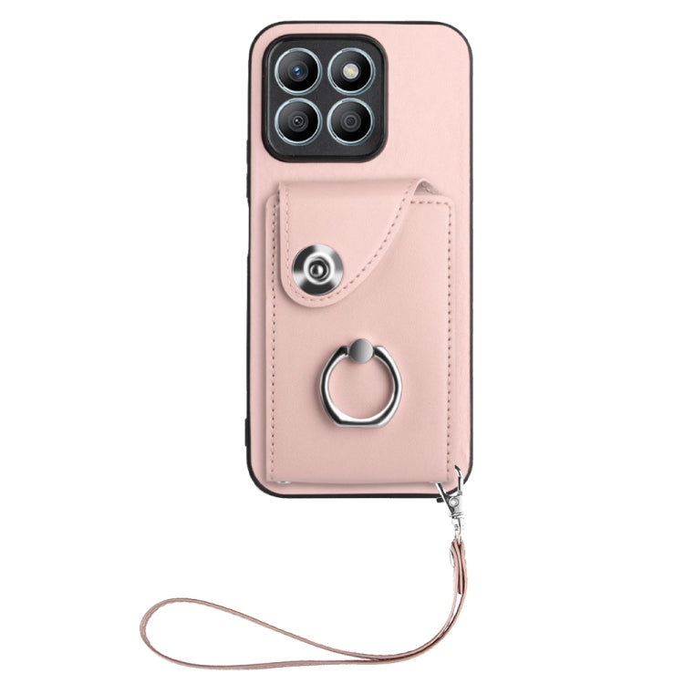 For Honor X8b 4G Global Organ Card Bag Ring Holder PU Phone Case with Lanyard(Pink)