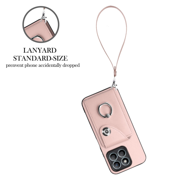 For Honor X8b 4G Global Organ Card Bag Ring Holder PU Phone Case with Lanyard(Pink)