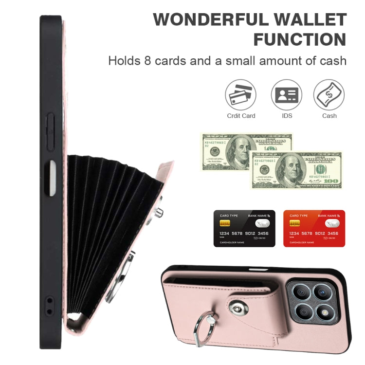 For Honor X8b 4G Global Organ Card Bag Ring Holder PU Phone Case with Lanyard(Pink)