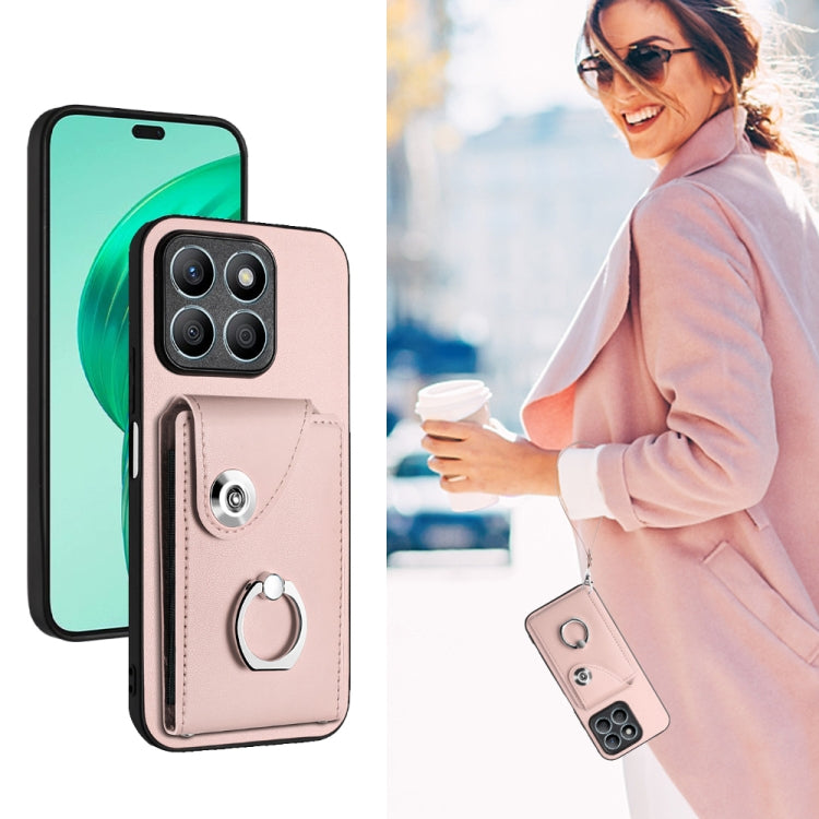 For Honor X8b 4G Global Organ Card Bag Ring Holder PU Phone Case with Lanyard(Pink)