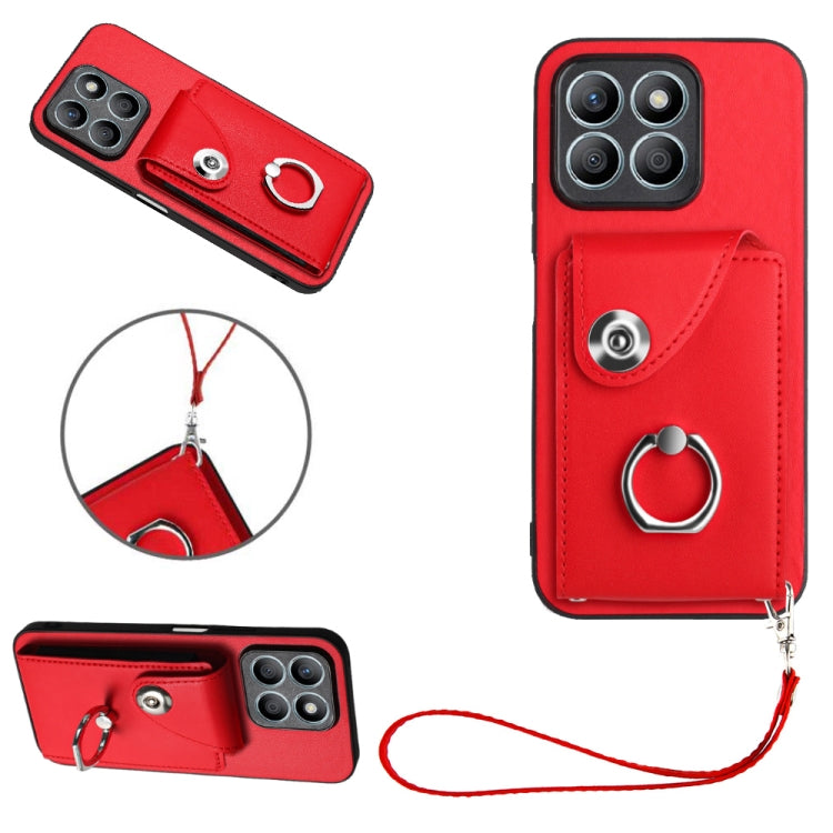 For Honor X8b 4G Global Organ Card Bag Ring Holder PU Phone Case with Lanyard(Red)