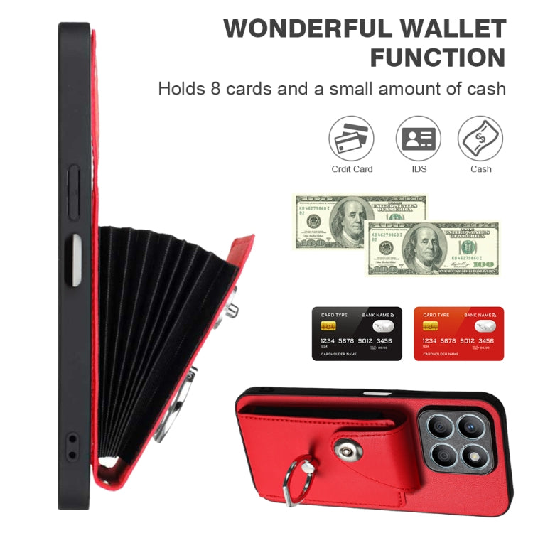 For Honor X8b 4G Global Organ Card Bag Ring Holder PU Phone Case with Lanyard(Red)