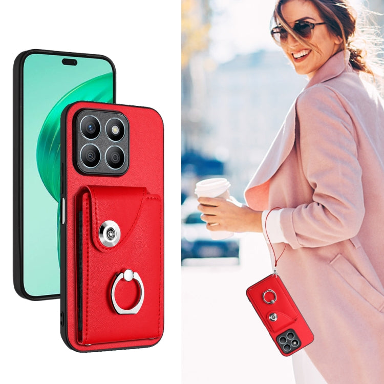 For Honor X8b 4G Global Organ Card Bag Ring Holder PU Phone Case with Lanyard(Red)