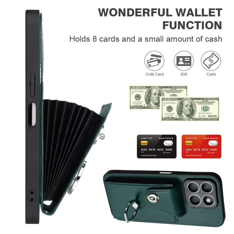 For Honor X8b 4G Global Organ Card Bag Ring Holder PU Phone Case with Lanyard(Green)