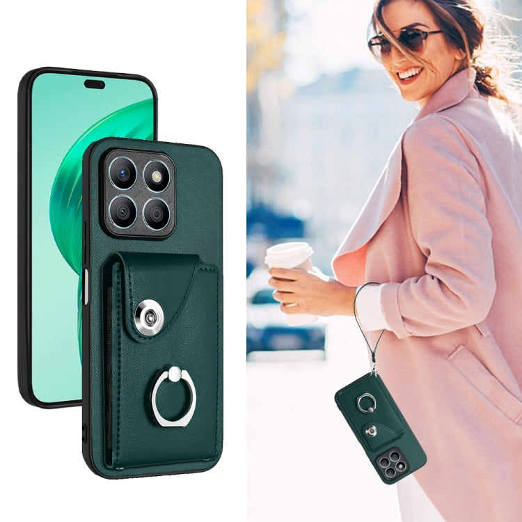 For Honor X8b 4G Global Organ Card Bag Ring Holder PU Phone Case with Lanyard(Green)