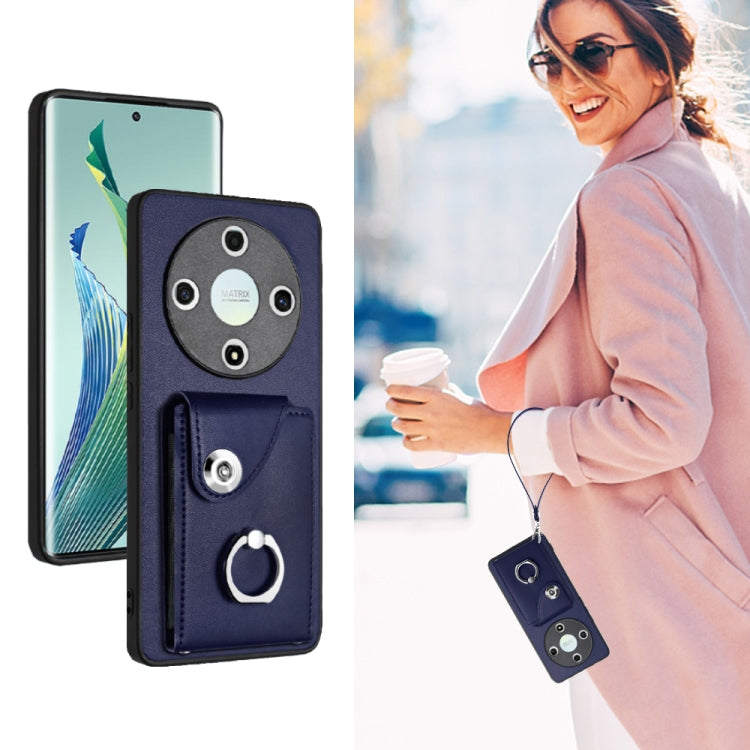 For Honor X9b / Magic6 Lite Organ Card Bag Ring Holder PU Phone Case with Lanyard(Blue)