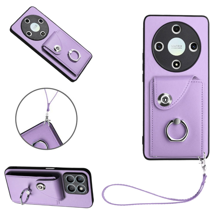 For Honor X9b / Magic6 Lite Organ Card Bag Ring Holder PU Phone Case with Lanyard(Purple)