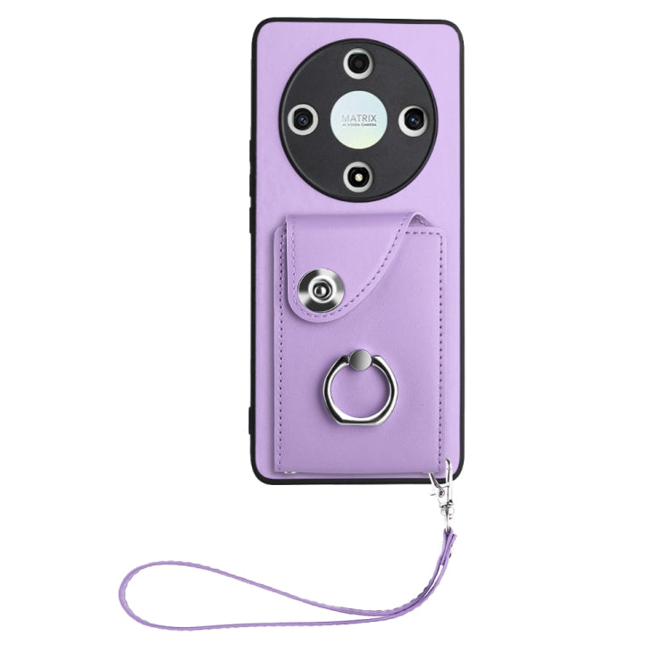 For Honor X9b / Magic6 Lite Organ Card Bag Ring Holder PU Phone Case with Lanyard(Purple)