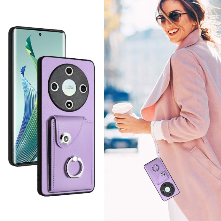 For Honor X9b / Magic6 Lite Organ Card Bag Ring Holder PU Phone Case with Lanyard(Purple)