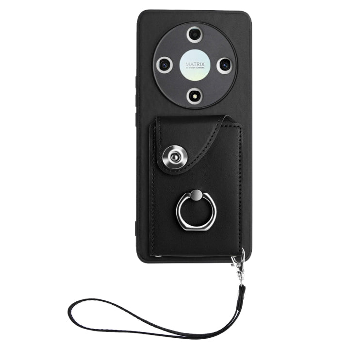 For Honor X9b / Magic6 Lite Organ Card Bag Ring Holder PU Phone Case with Lanyard(Black)