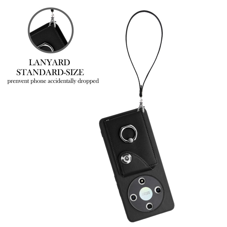 For Honor X9b / Magic6 Lite Organ Card Bag Ring Holder PU Phone Case with Lanyard(Black)