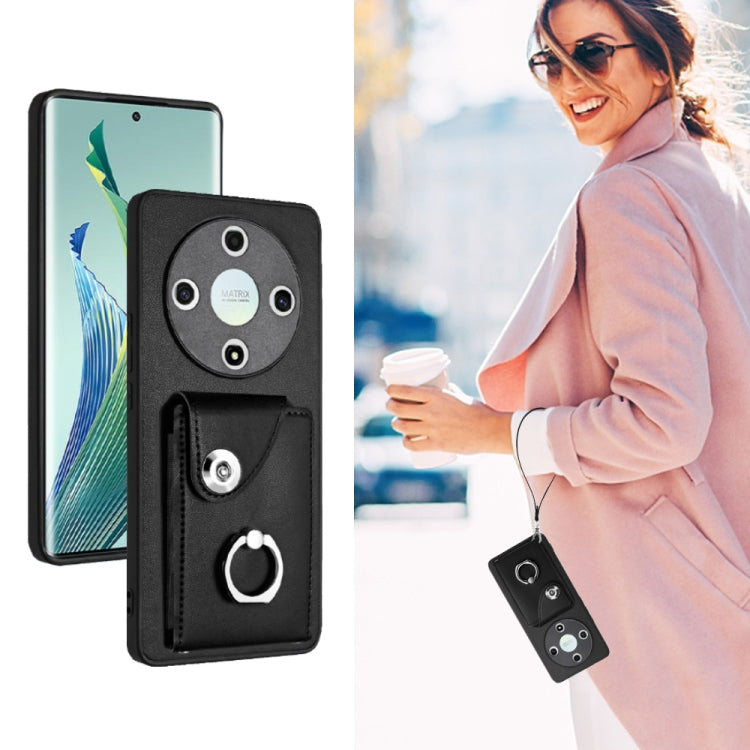 For Honor X9b / Magic6 Lite Organ Card Bag Ring Holder PU Phone Case with Lanyard(Black)