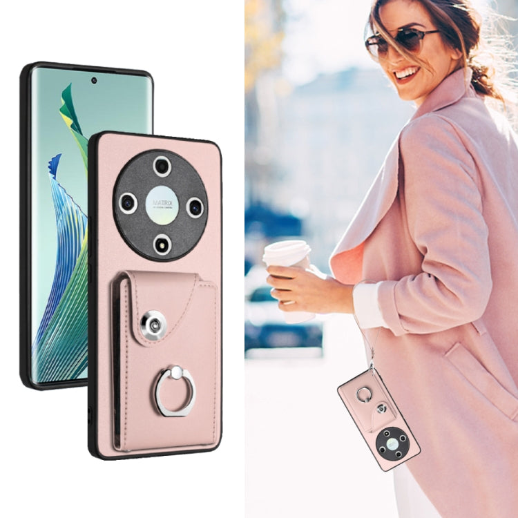 For Honor X9b / Magic6 Lite Organ Card Bag Ring Holder PU Phone Case with Lanyard(Pink)