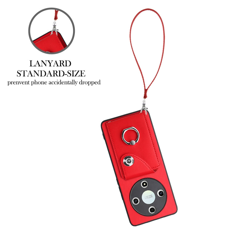 For Honor X9b / Magic6 Lite Organ Card Bag Ring Holder PU Phone Case with Lanyard(Red)