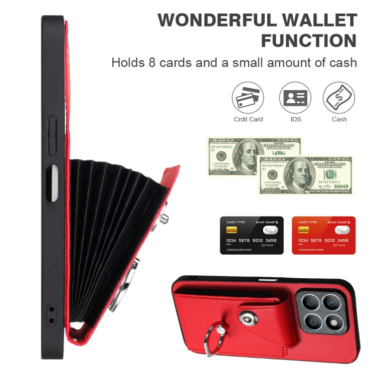 For Honor X9b / Magic6 Lite Organ Card Bag Ring Holder PU Phone Case with Lanyard(Red)