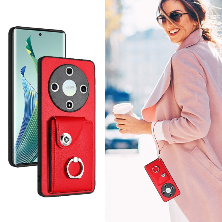 For Honor X9b / Magic6 Lite Organ Card Bag Ring Holder PU Phone Case with Lanyard(Red)