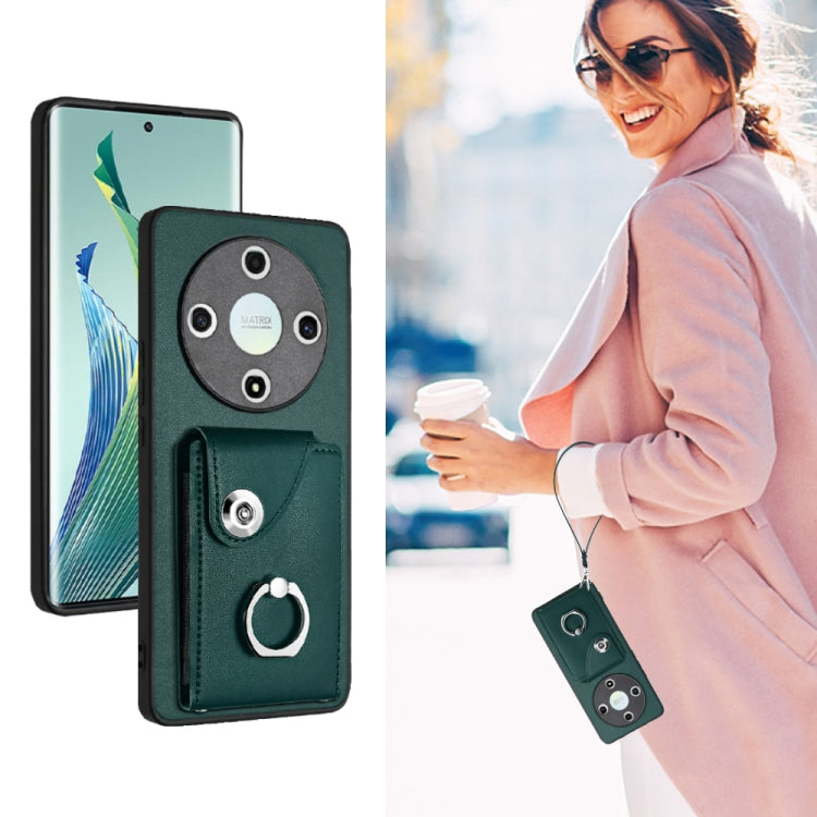 For Honor X9b / Magic6 Lite Organ Card Bag Ring Holder PU Phone Case with Lanyard(Green)