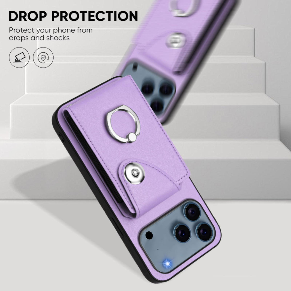 Compatible with iPhone 18 Pro Max & 17 Pro Max Organ Card Bag Ring Holder PU Phone Case with Lanyard - Purple