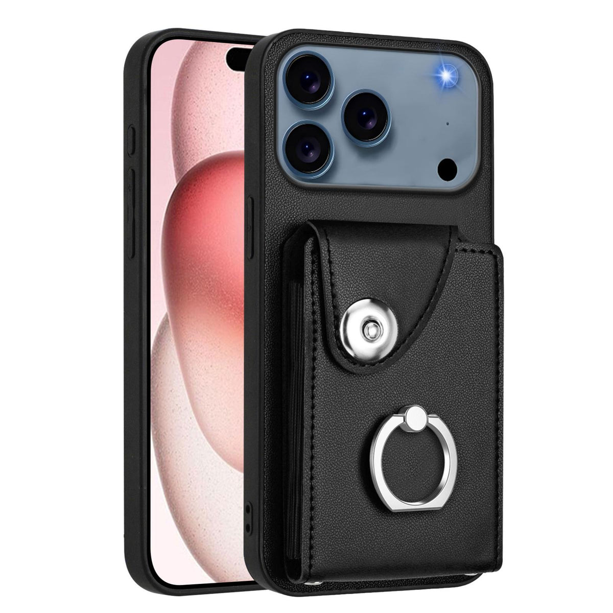 Compatible with iPhone 18 Pro Max & 17 Pro Max Organ Card Bag Ring Holder PU Phone Case with Lanyard - Black