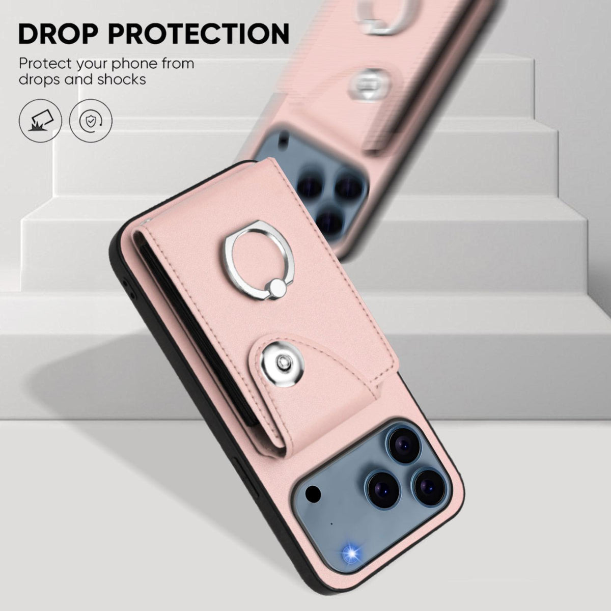 Compatible with iPhone 18 Pro Max & 17 Pro Max Organ Card Bag Ring Holder PU Phone Case with Lanyard - Pink