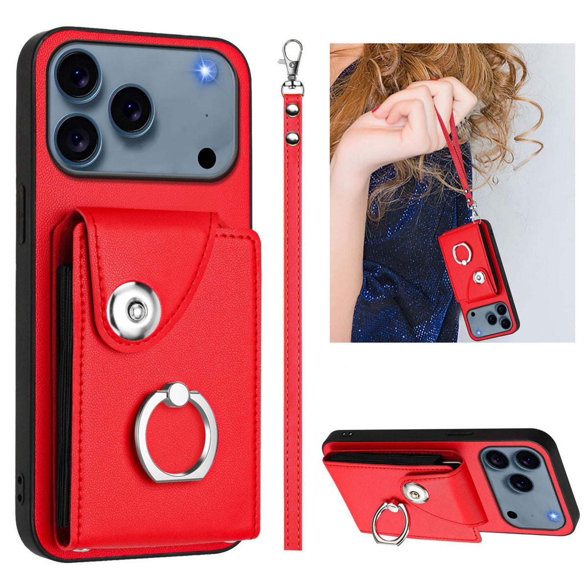 Compatible with iPhone 18 Pro Max & 17 Pro Max Organ Card Bag Ring Holder PU Phone Case with Lanyard - Red