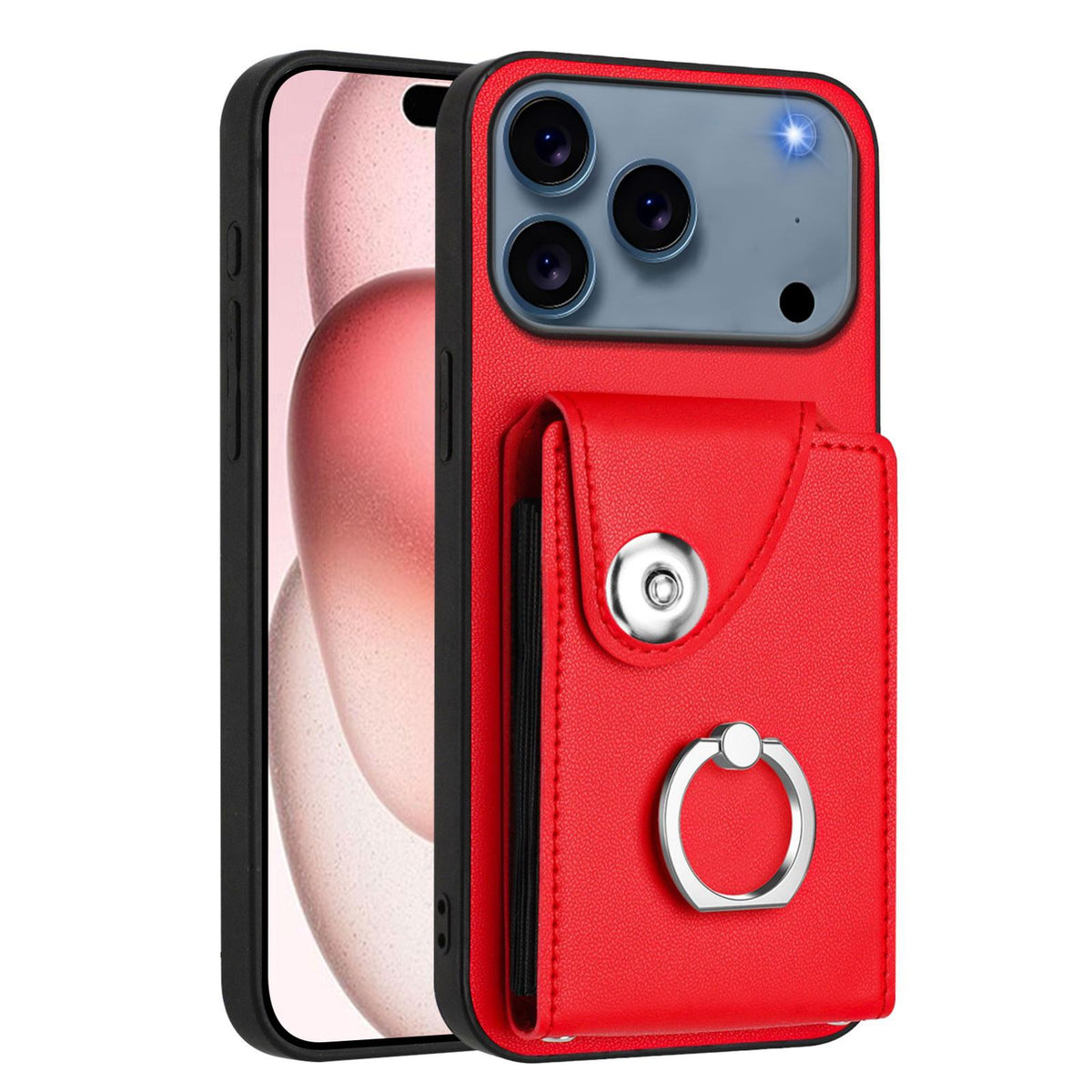 Compatible with iPhone 18 Pro Max & 17 Pro Max Organ Card Bag Ring Holder PU Phone Case with Lanyard - Red