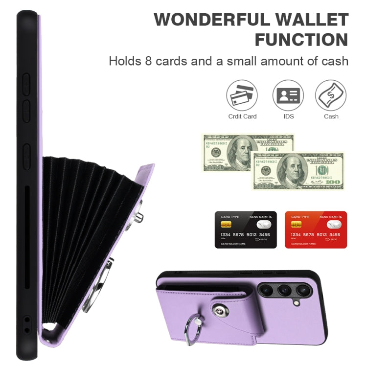 For Samsung Galaxy S24 5G Organ Card Bag Ring Holder PU Phone Case with Lanyard(Purple)