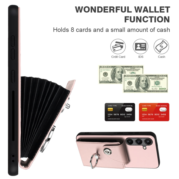 For Samsung Galaxy S24 5G Organ Card Bag Ring Holder PU Phone Case with Lanyard(Pink)