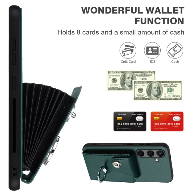 For Samsung Galaxy S24 5G Organ Card Bag Ring Holder PU Phone Case with Lanyard(Green)