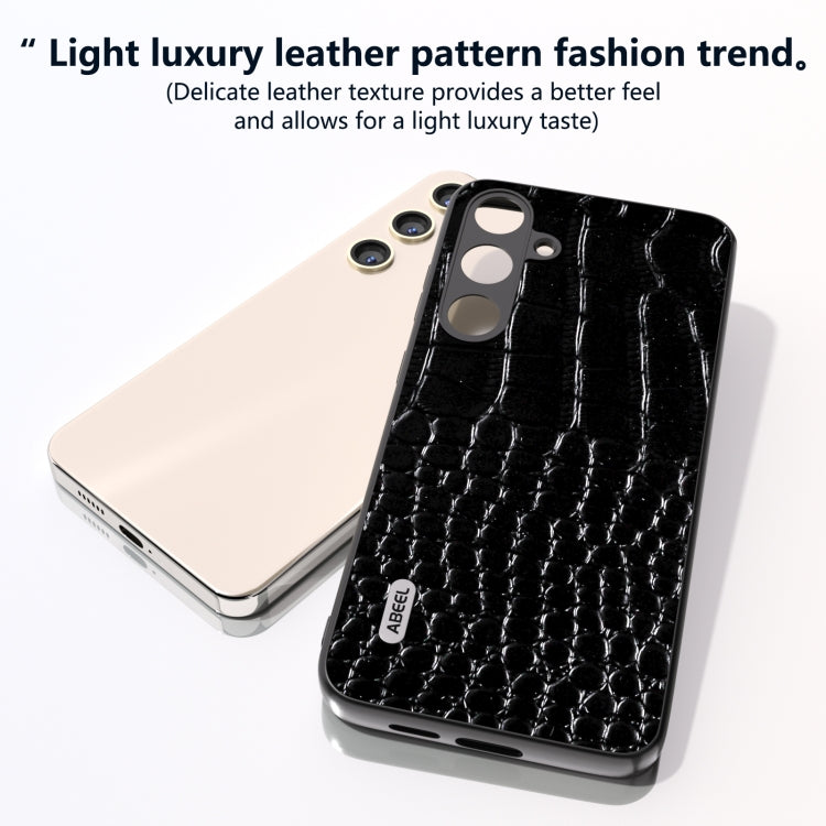 For Samsung Galaxy S24 5G ABEEL Genuine Leather Crocodile Pattern Phone Case with Holder(Black)