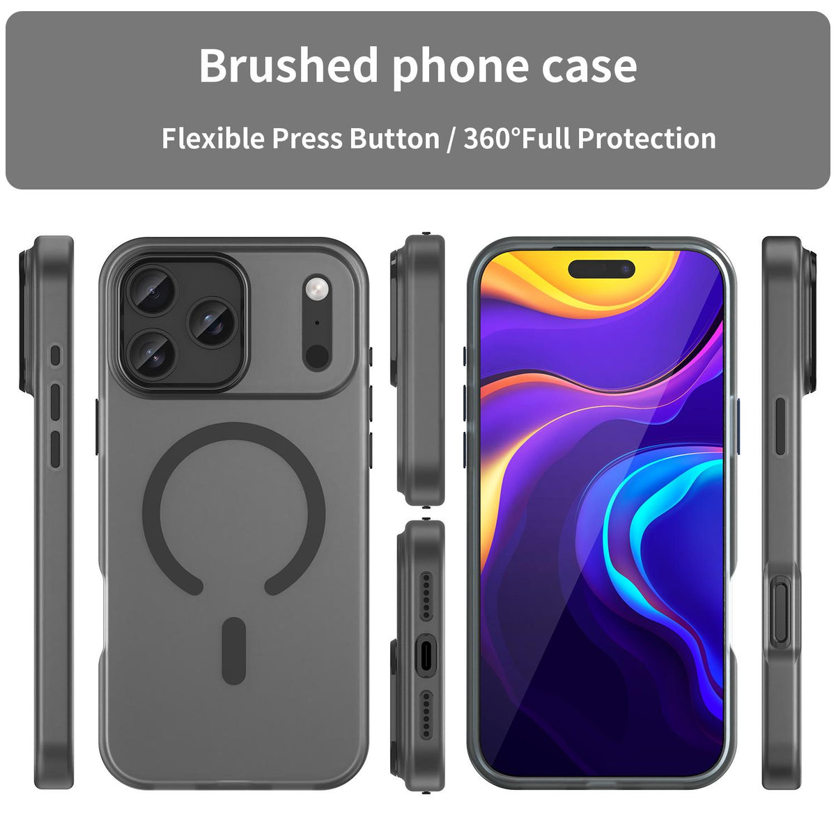 Compatible with iPhone 18 Pro Max MagSafe Frosted Translucent TPU + PC Full Coverage Phone Case - Black