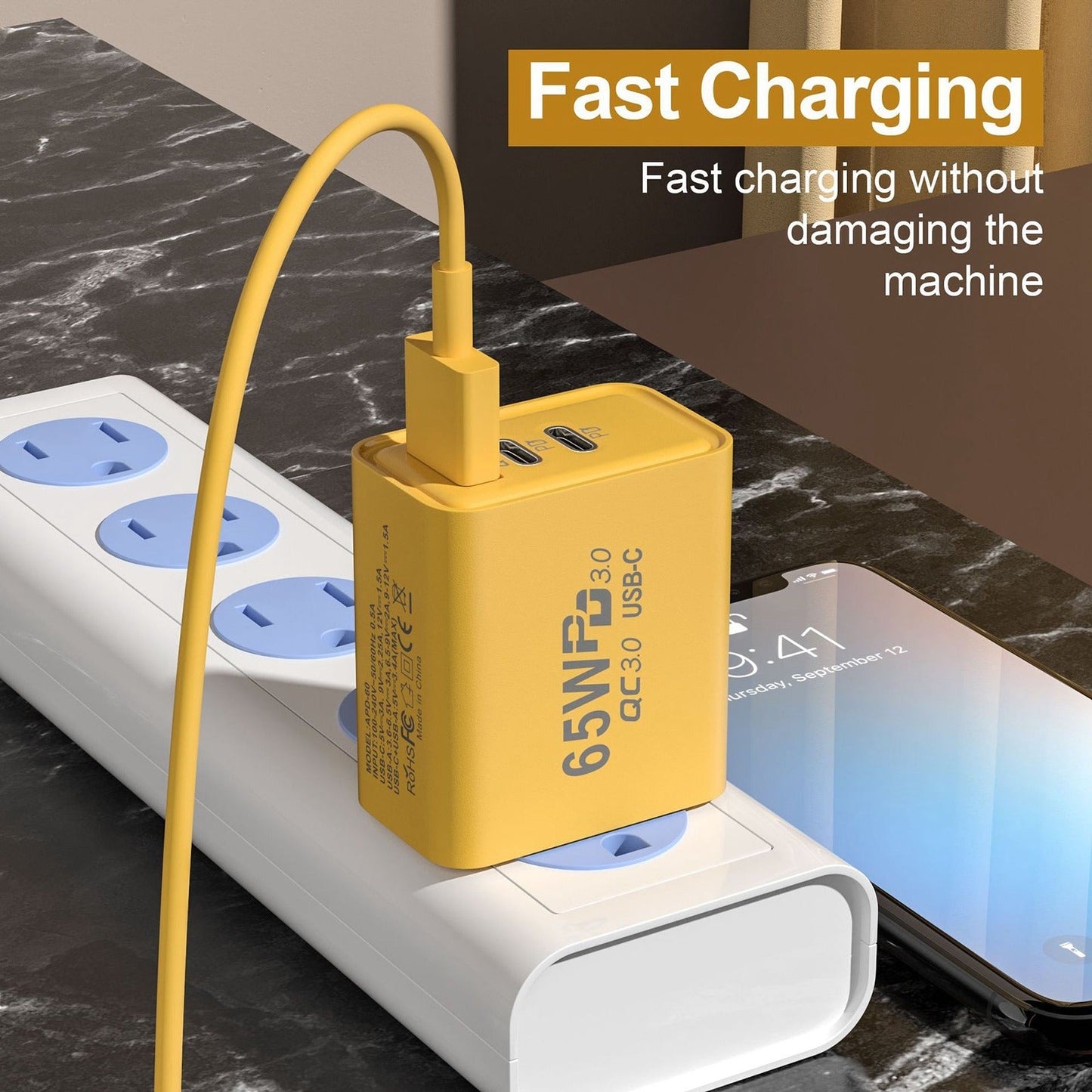 65W Gallium Nitride USB + Type-C Fast Charging Charger, Plug Type:EU Plug(Yellow)