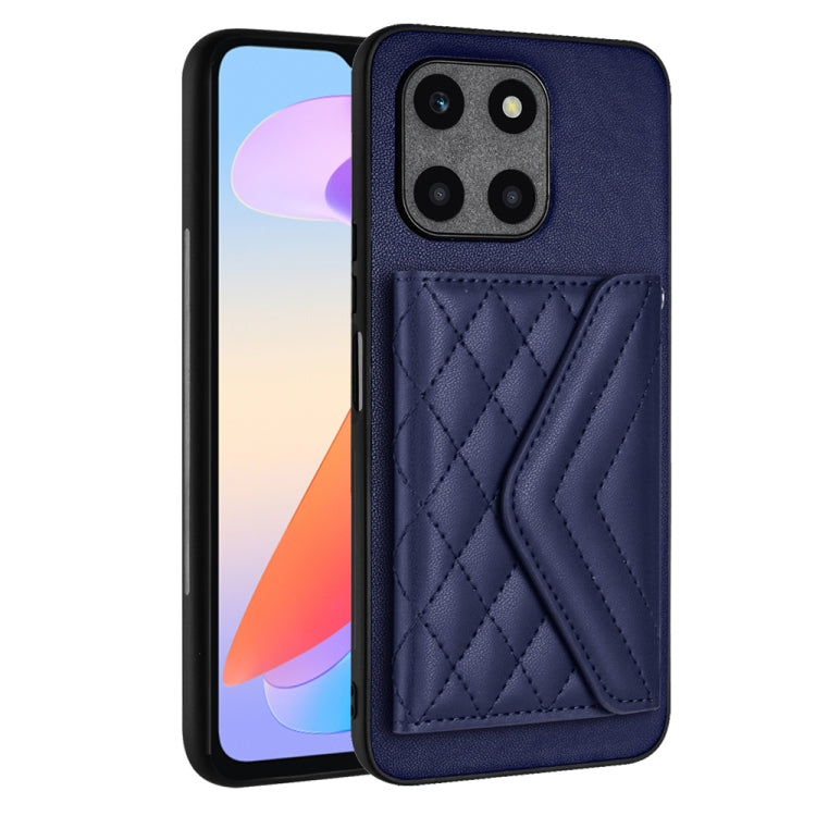 For Honor X6a Rhombic Texture Card Bag RFID Phone Case with Long Lanyard(Dark Purple)