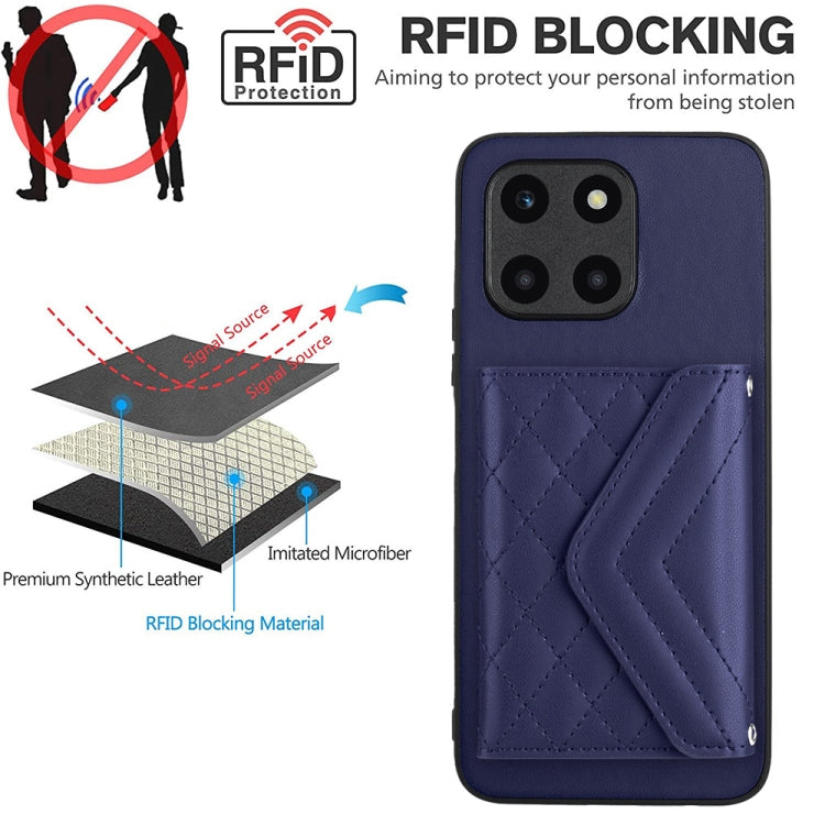For Honor X6a Rhombic Texture Card Bag RFID Phone Case with Long Lanyard(Dark Purple)