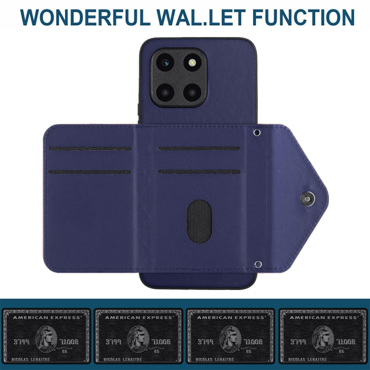 For Honor X6a Rhombic Texture Card Bag RFID Phone Case with Long Lanyard(Dark Purple)