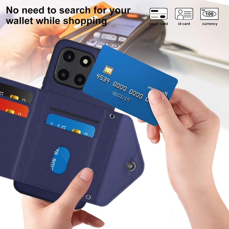 For Honor X6a Rhombic Texture Card Bag RFID Phone Case with Long Lanyard(Dark Purple)