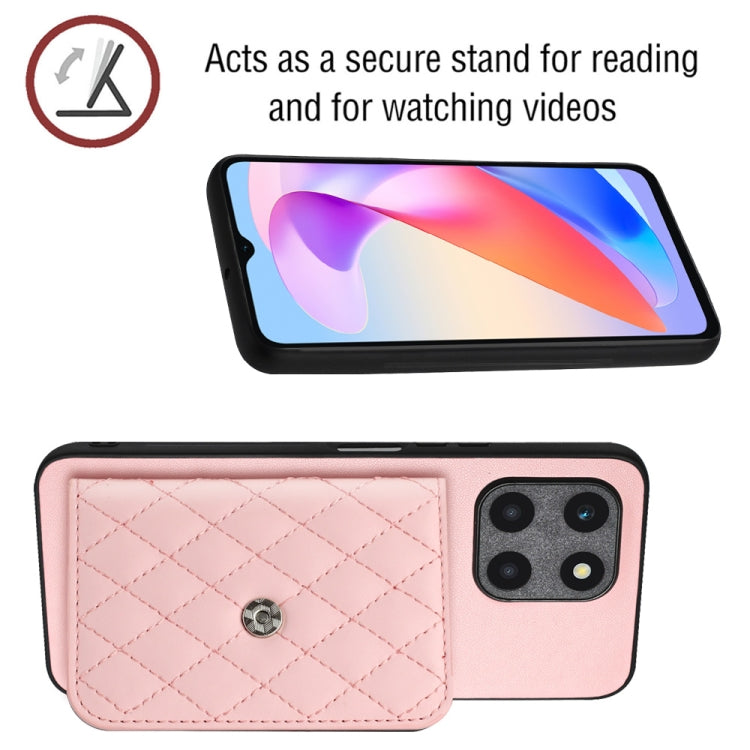 For Honor X6a Rhombic Texture Card Bag RFID Phone Case with Long Lanyard(Rose Gold)