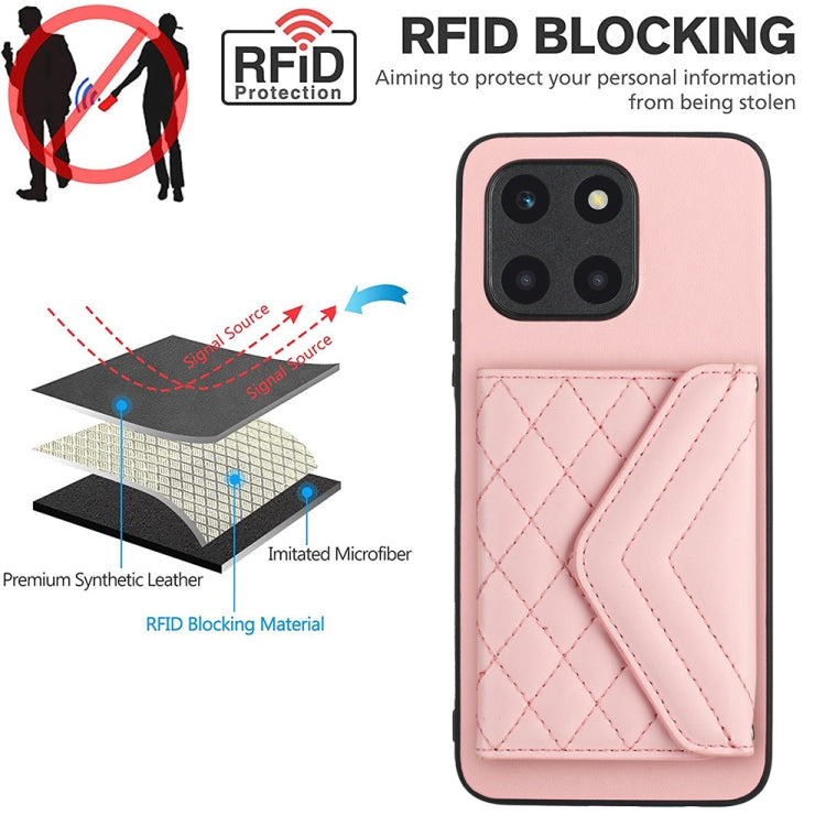 For Honor X6a Rhombic Texture Card Bag RFID Phone Case with Long Lanyard(Rose Gold)