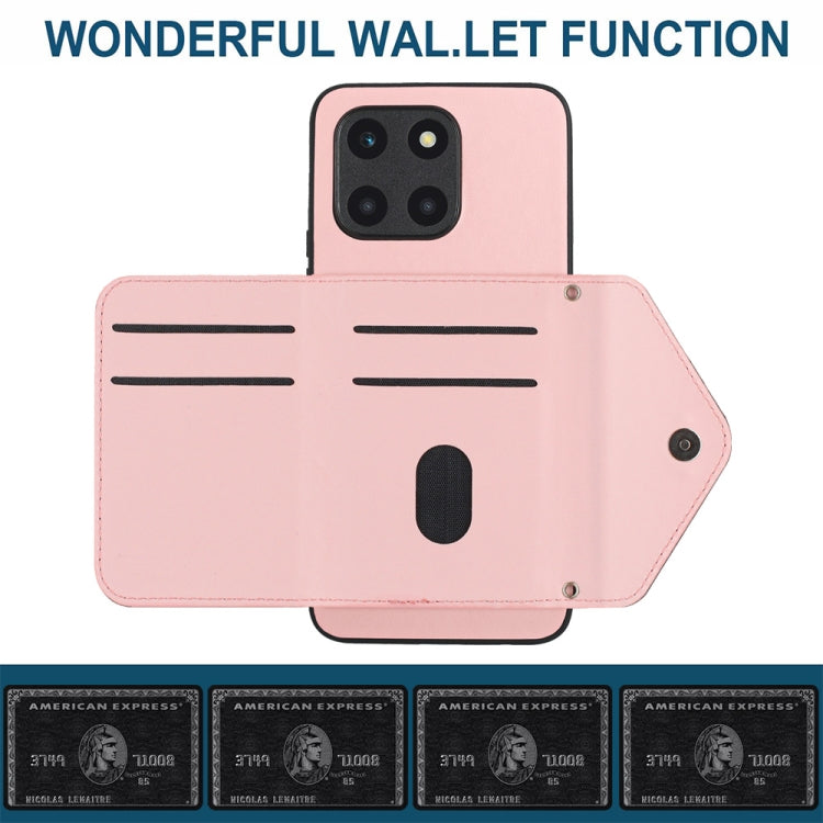 For Honor X6a Rhombic Texture Card Bag RFID Phone Case with Long Lanyard(Rose Gold)