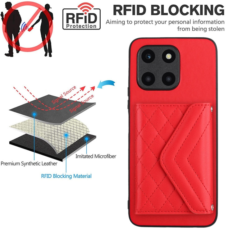 For Honor X6a Rhombic Texture Card Bag RFID Phone Case with Long Lanyard(Red)