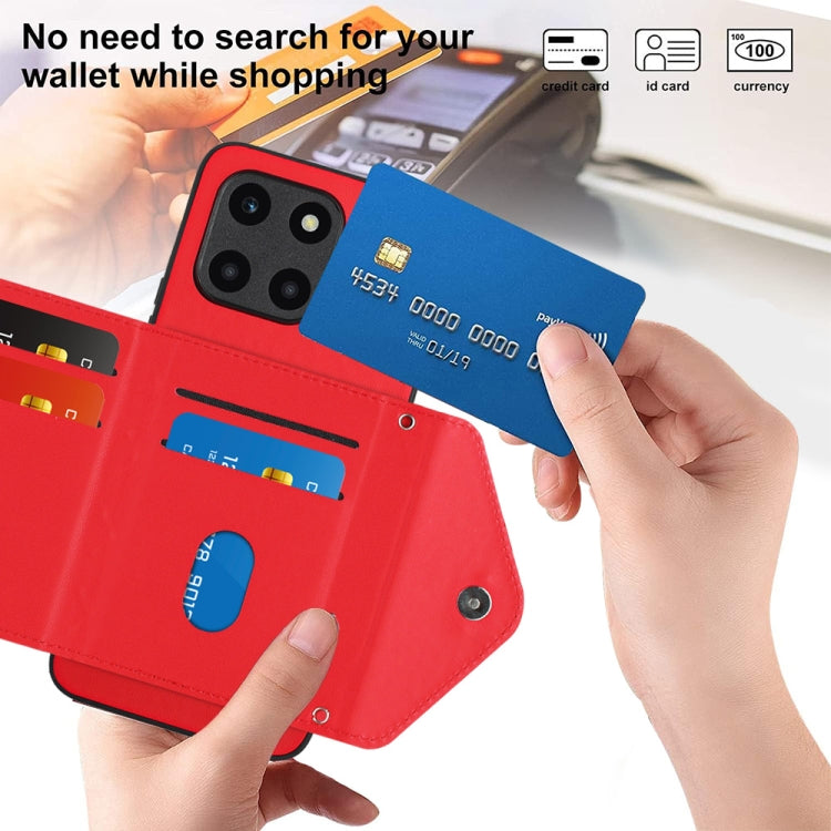 For Honor X6a Rhombic Texture Card Bag RFID Phone Case with Long Lanyard(Red)