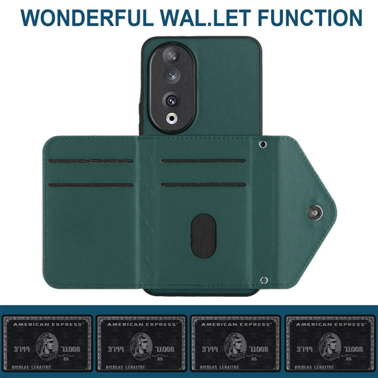 For Honor 90 Rhombic Texture Card Bag RFID Phone Case with Long Lanyard(Green)