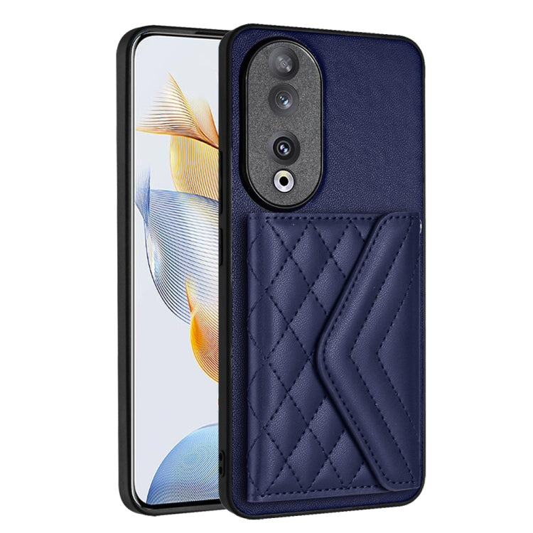 For Honor 90 Rhombic Texture Card Bag RFID Phone Case with Long Lanyard(Dark Purple)