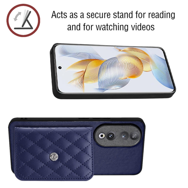 For Honor 90 Rhombic Texture Card Bag RFID Phone Case with Long Lanyard(Dark Purple)